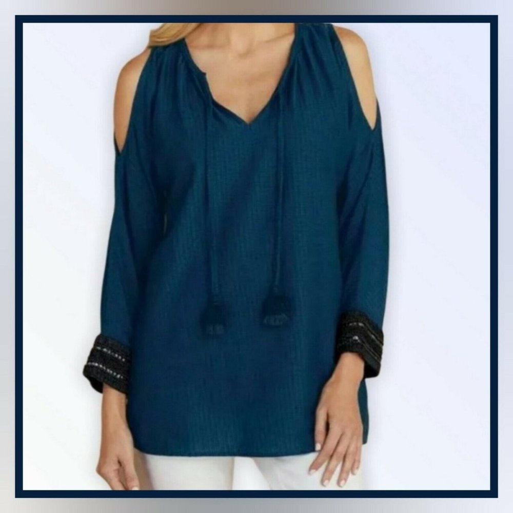 SOFT SURROUNDINGS Chandra Small Navy Blue Open Cold Shoulder Top Embellished